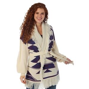 Wrangler Retro Southwest Print Belted Sweater Cardigan Cream/Red/Blue Sz M